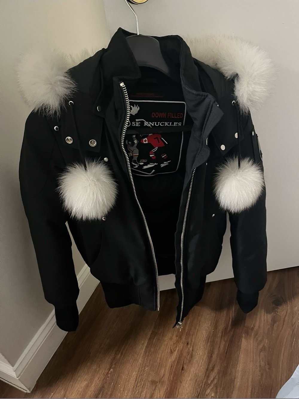 Moose Knuckles Black Bomber Jacket with White Fur Trim